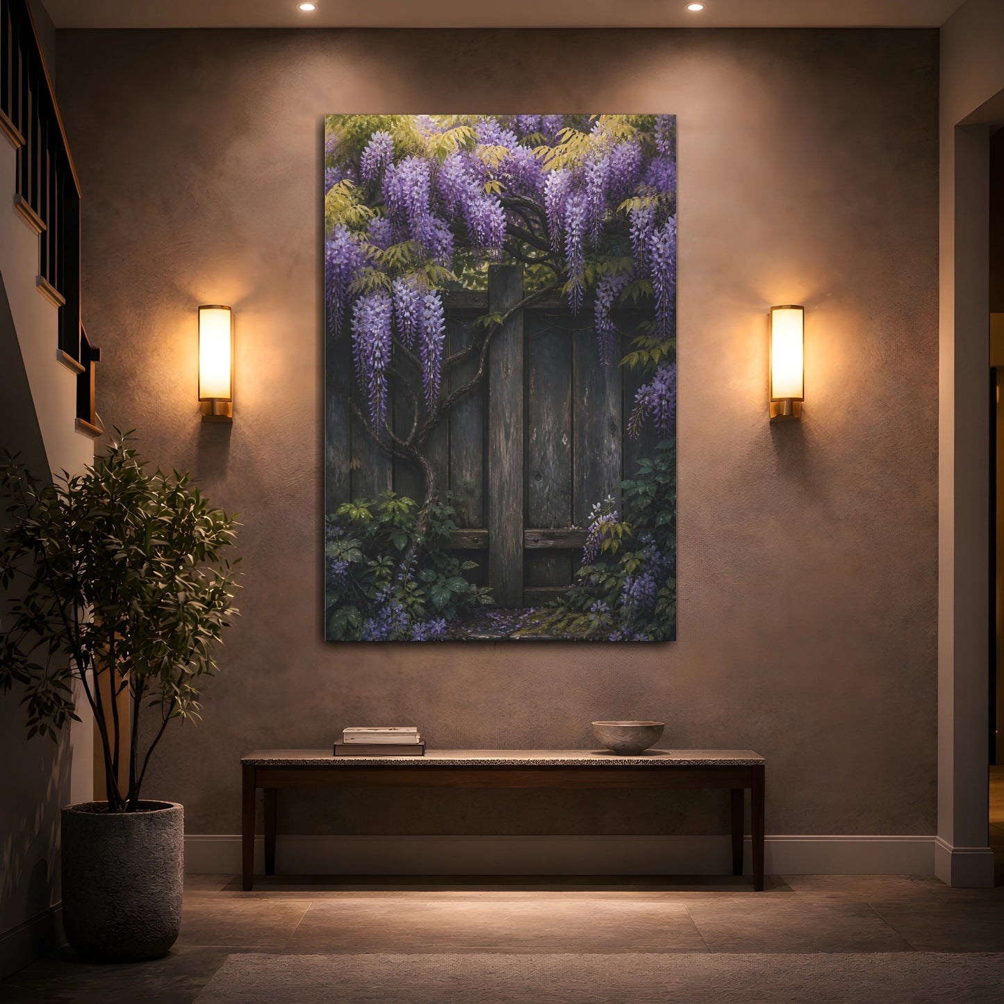 Mockup 2. Wisteria On Rustic Fence shown as canvas print
