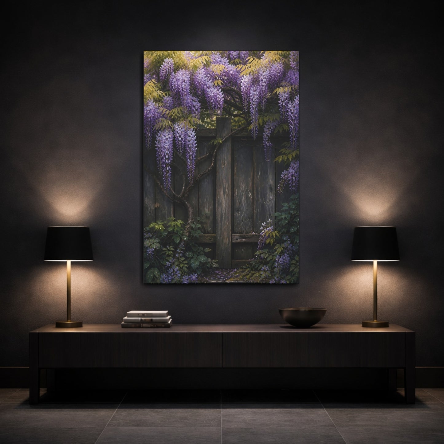 Mockup 3. Wisteria On Rustic Fence shown as canvas print