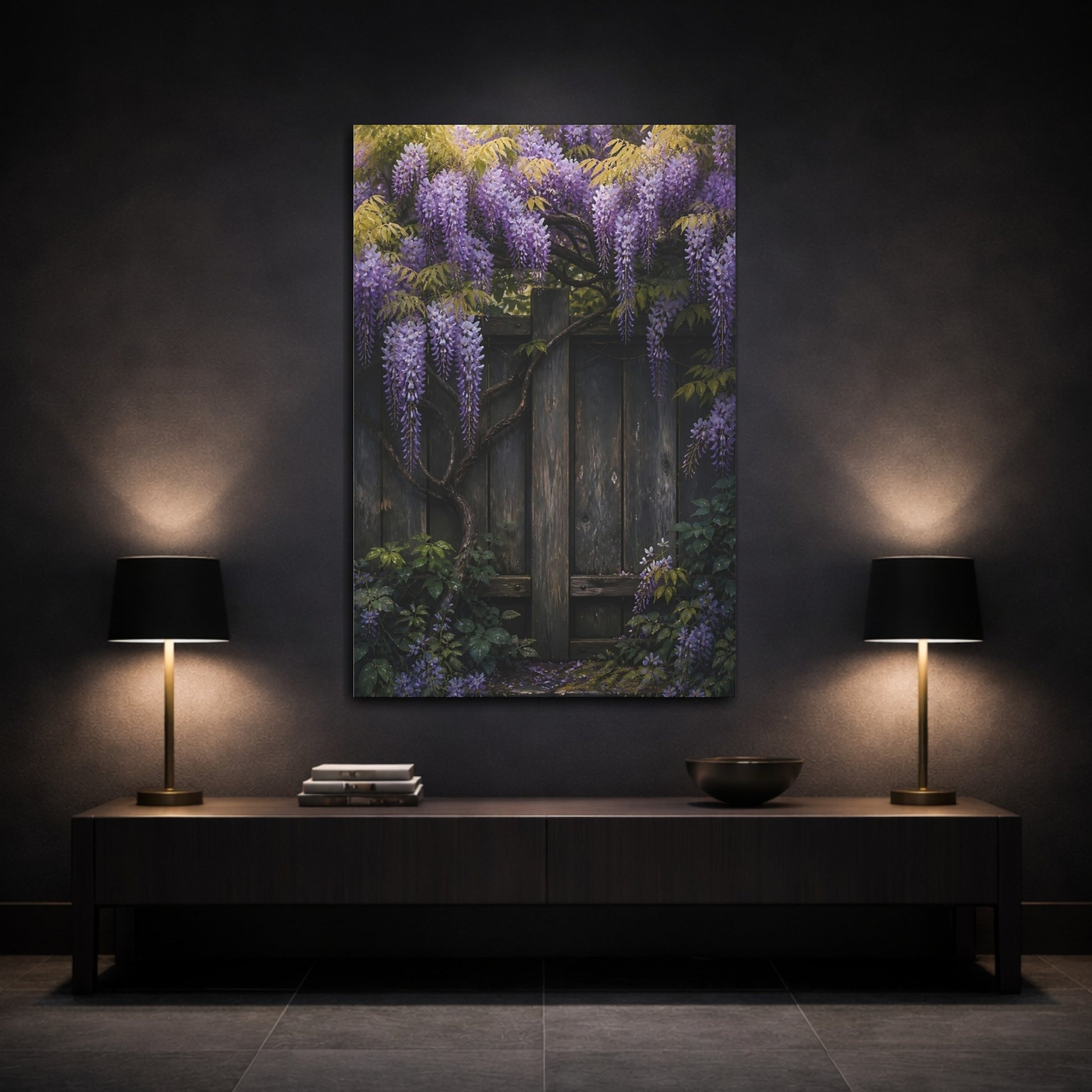 Mockup 3. Wisteria On Rustic Fence shown as canvas print