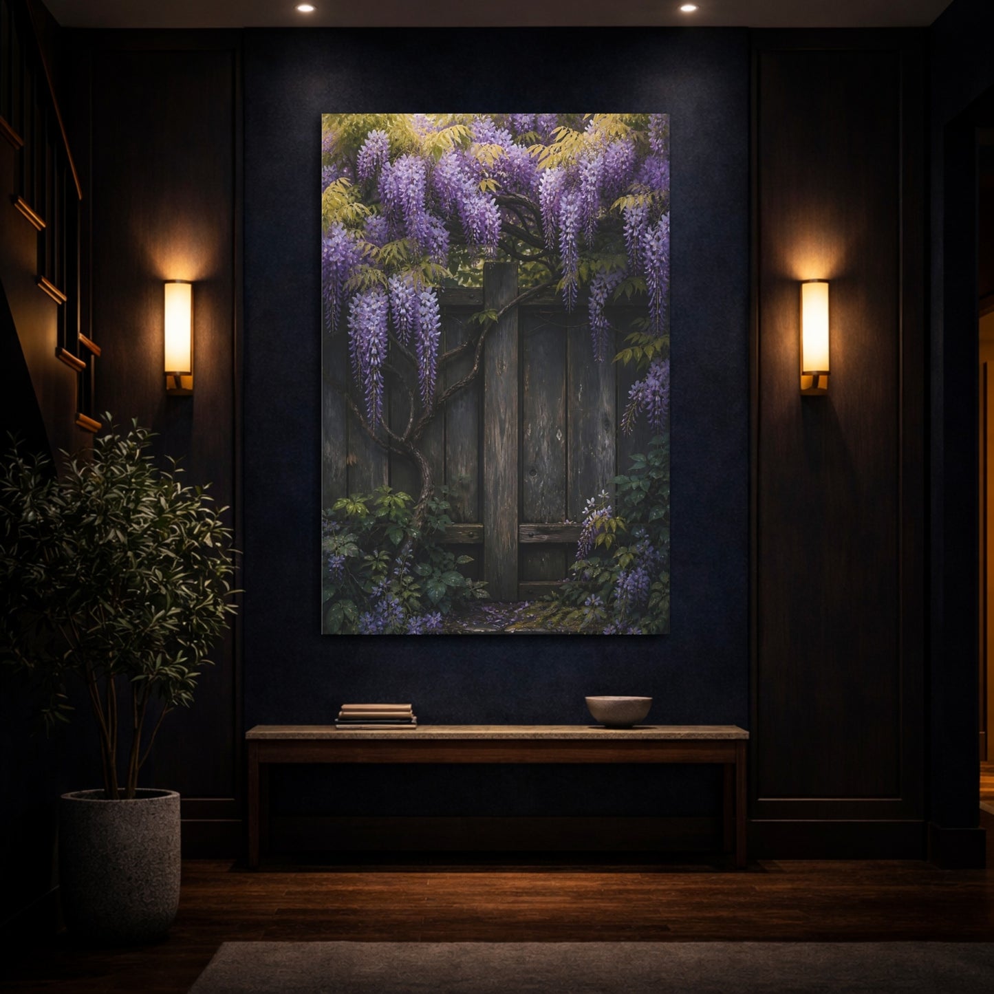 Mockup 4. Wisteria On Rustic Fence shown as canvas print