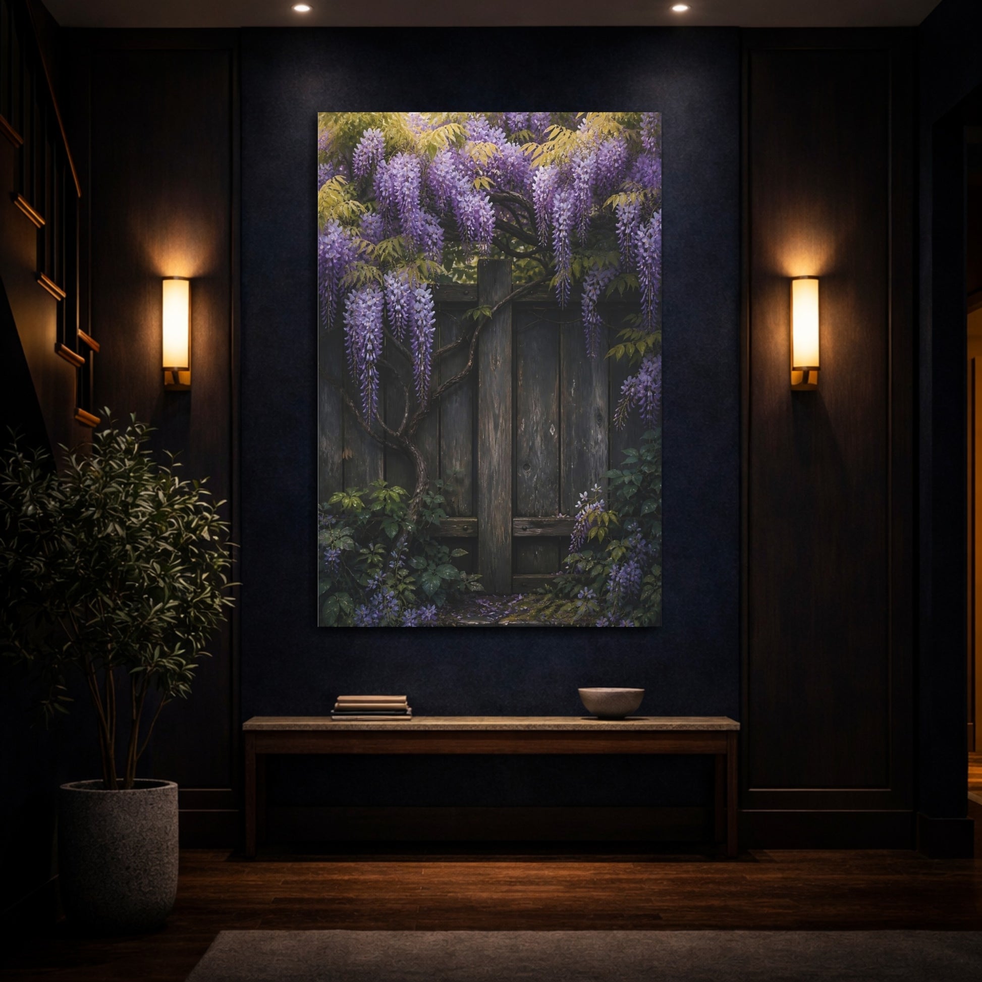 Mockup 4. Wisteria On Rustic Fence shown as canvas print