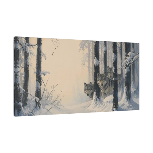Main Mockup. Wolves In Winter Forest shown as canvas print