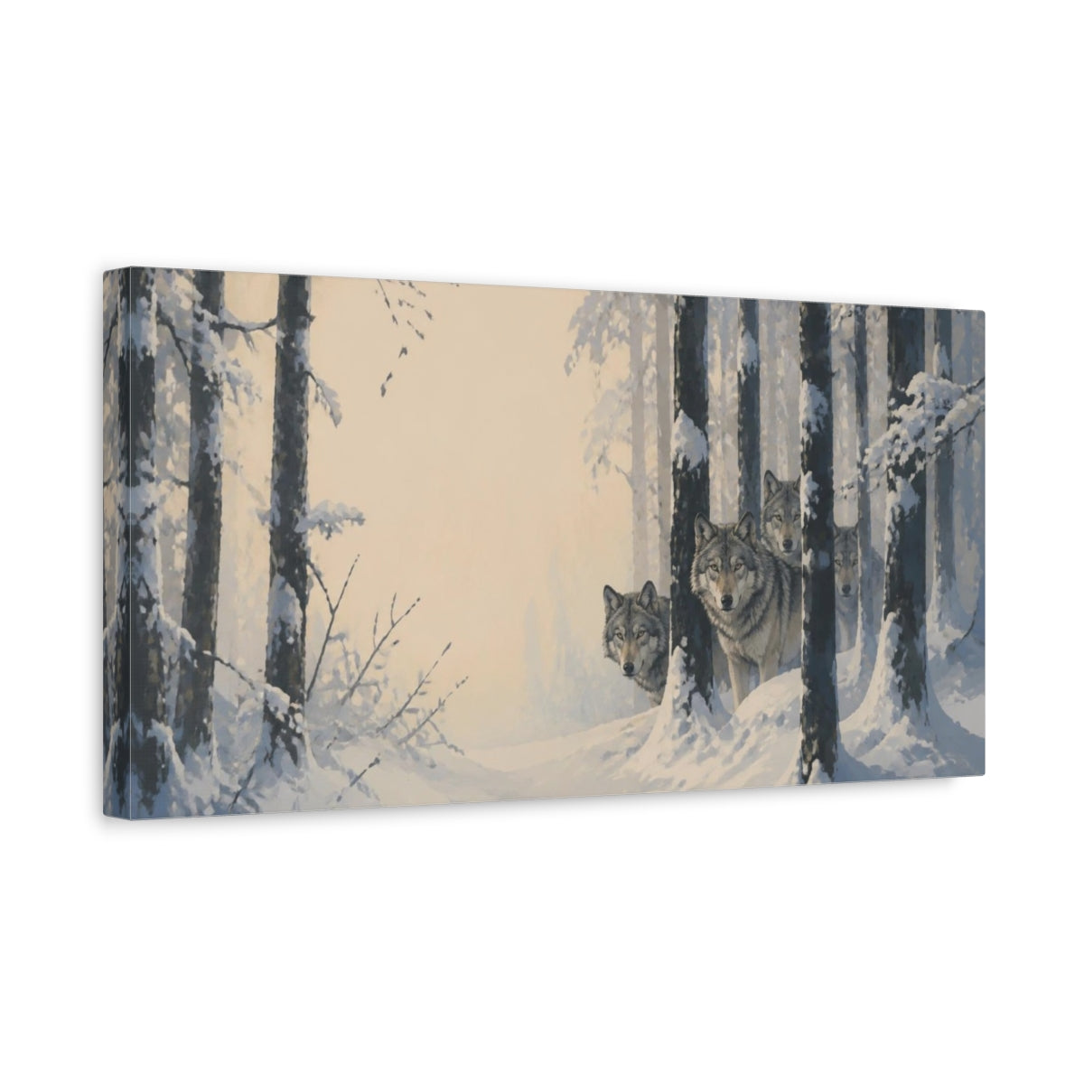 Side Mockup 3. Wolves In Winter Forest shown as canvas print