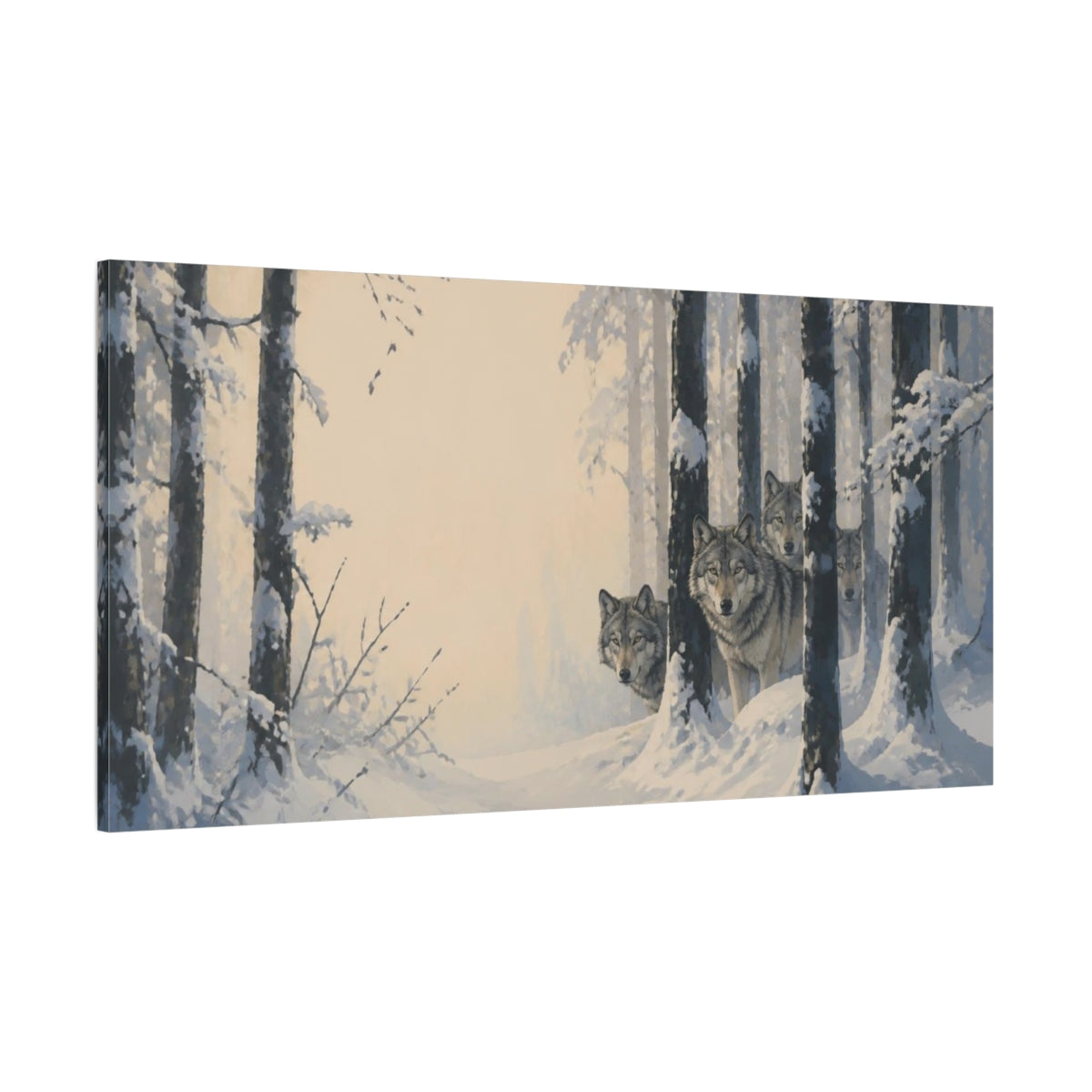 Side Mockup 2. Wolves In Winter Forest shown as canvas print