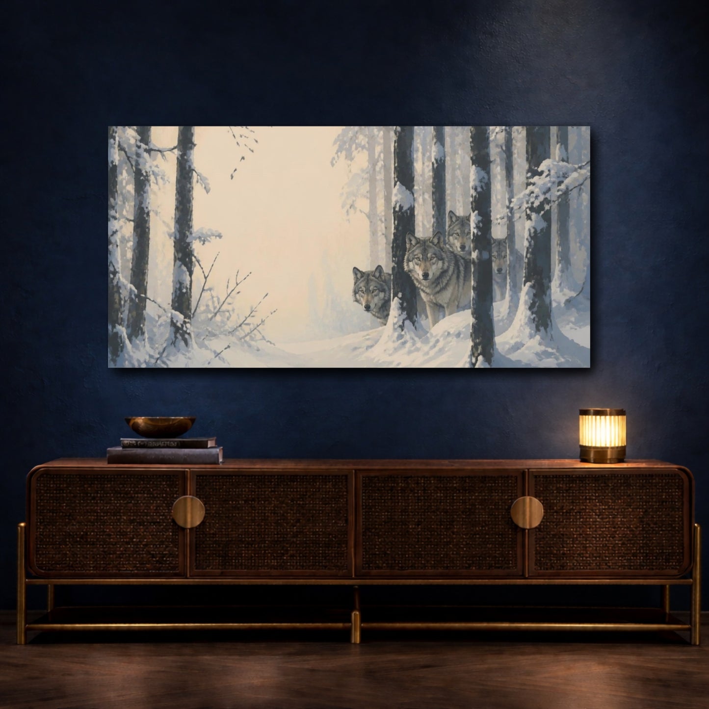 Mockup 4. Wolves In Winter Forest shown as canvas print
