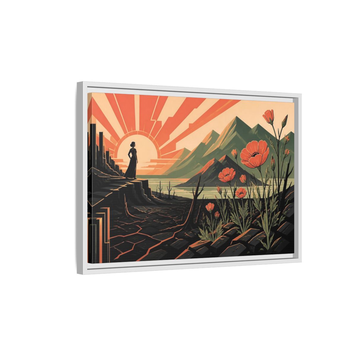 Side Mockup 1. Woman At Sunrise shown as framed canvas print