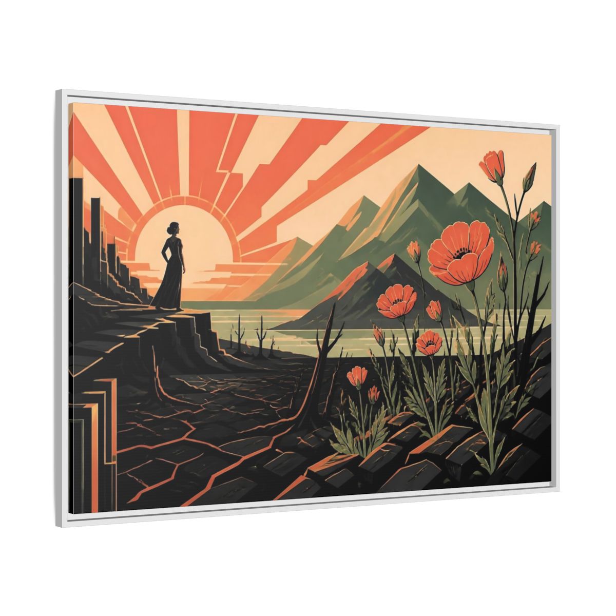 Side Mockup 7. Woman At Sunrise shown as framed canvas print