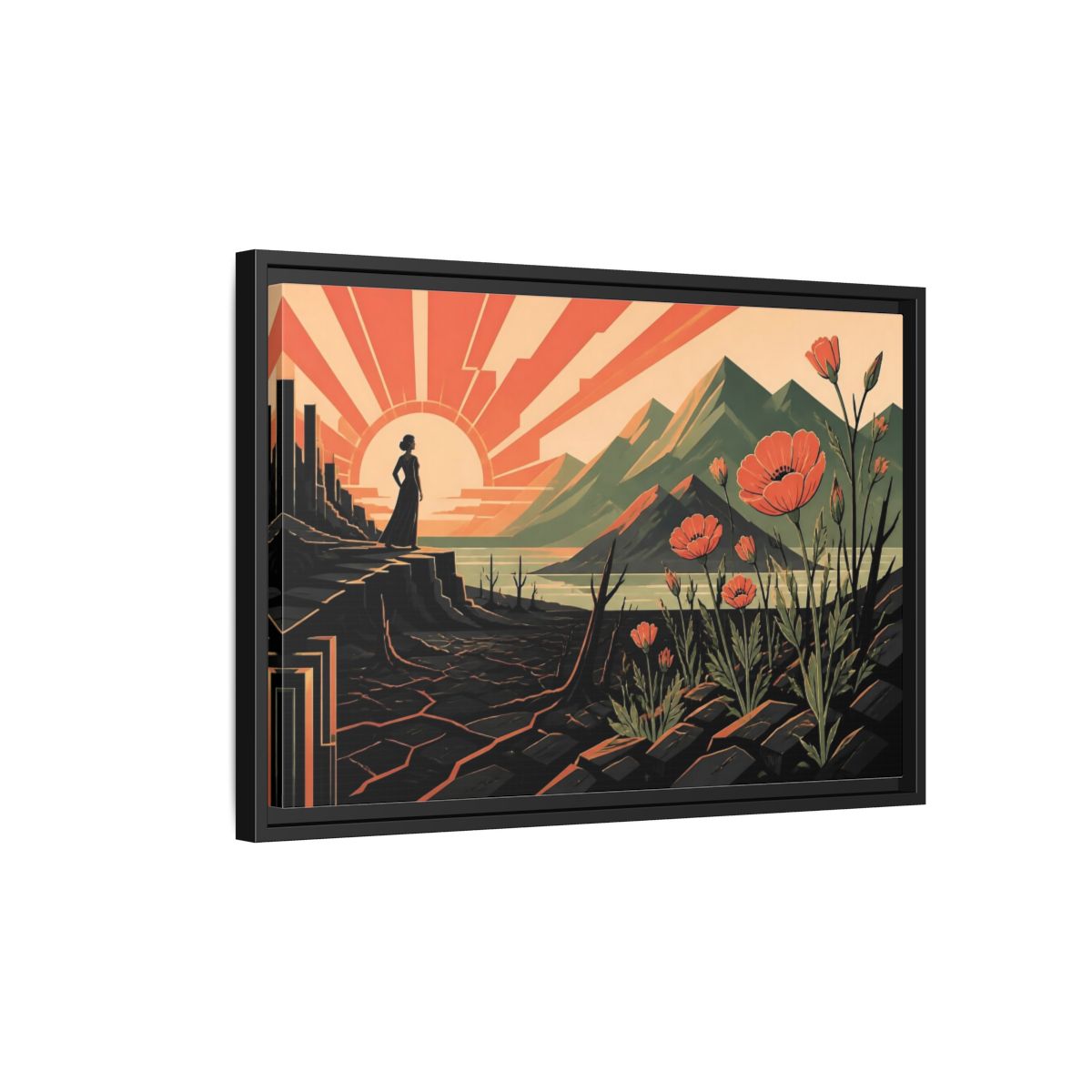 Side Mockup 3. Woman At Sunrise shown as framed canvas print