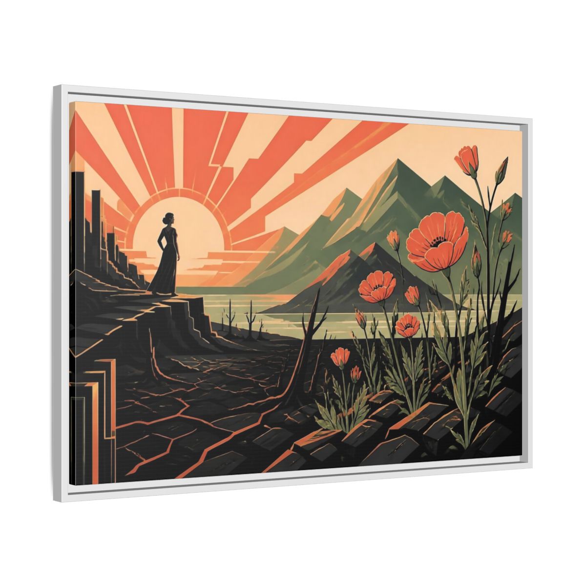 Side Mockup 9. Woman At Sunrise shown as framed canvas print