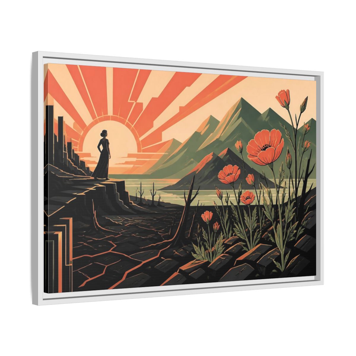 Side Mockup 10. Woman At Sunrise shown as framed canvas print
