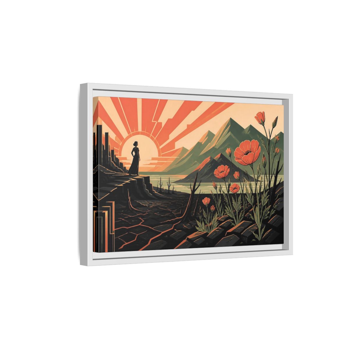 Side Mockup 4. Woman At Sunrise shown as framed canvas print