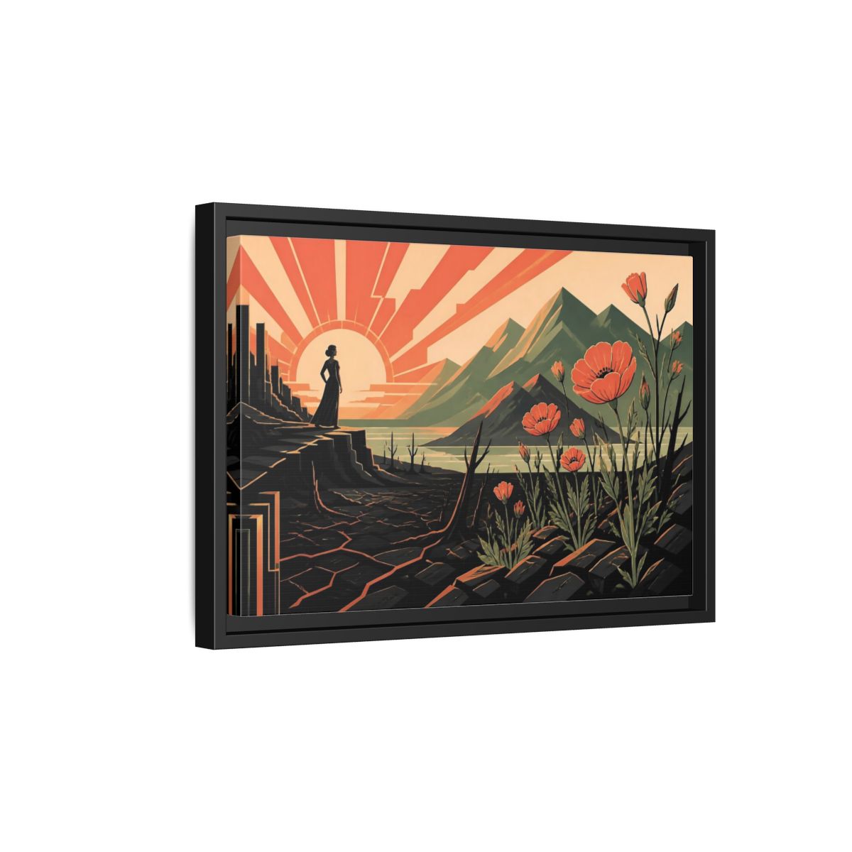 Side Mockup 6. Woman At Sunrise shown as framed canvas print