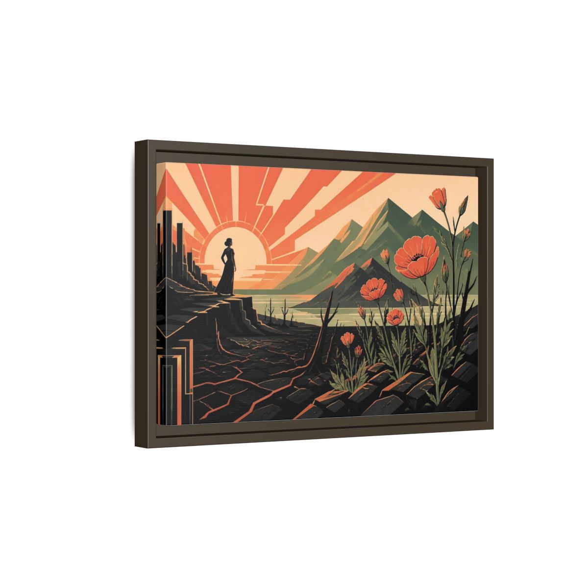 Side Mockup 5. Woman At Sunrise shown as framed canvas print
