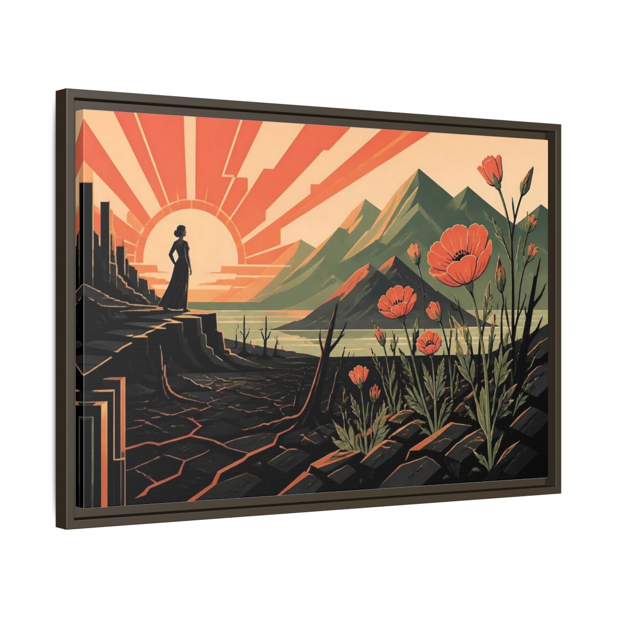 Side Mockup 11. Woman At Sunrise shown as framed canvas print