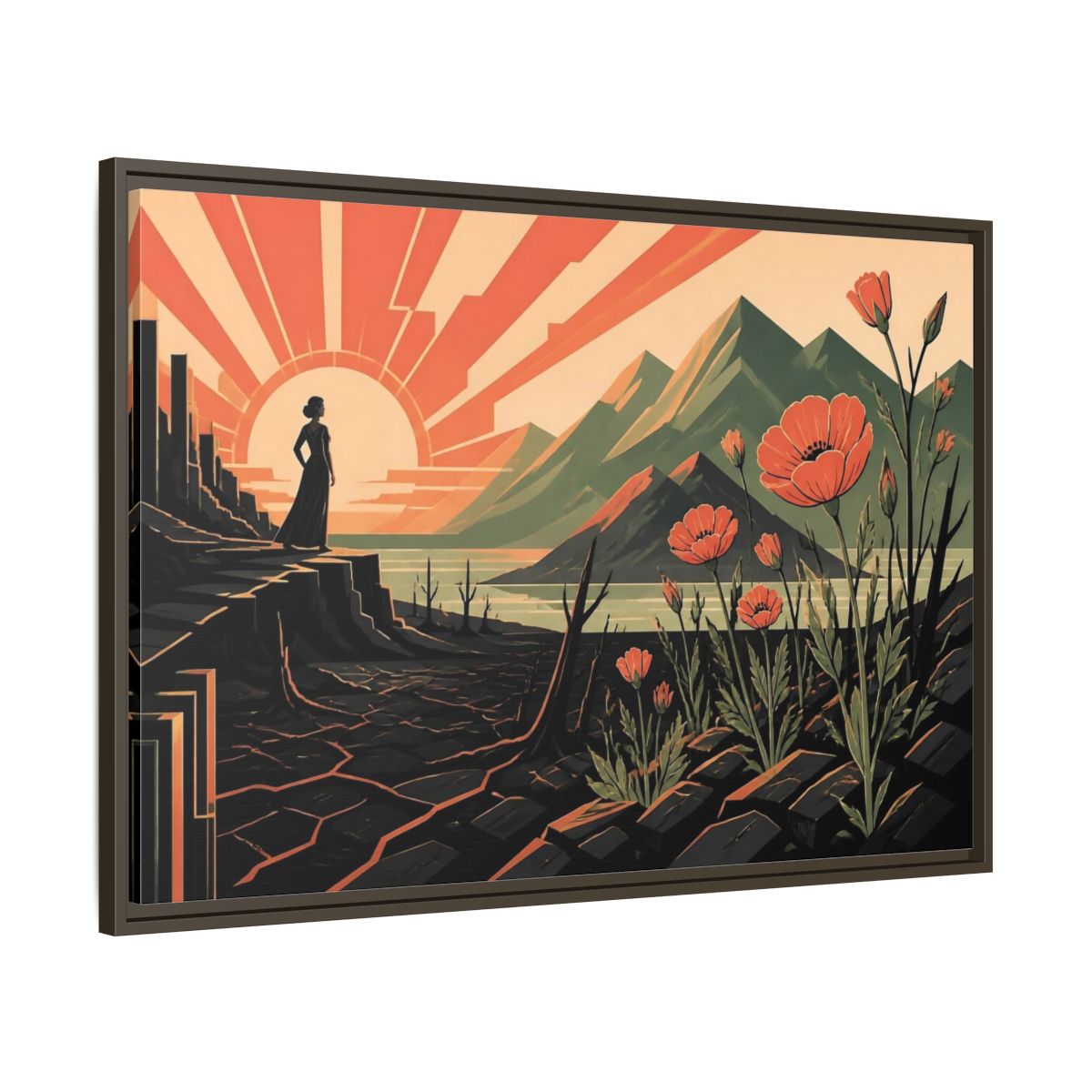 Main Mockup. Woman At Sunrise shown as framed canvas print