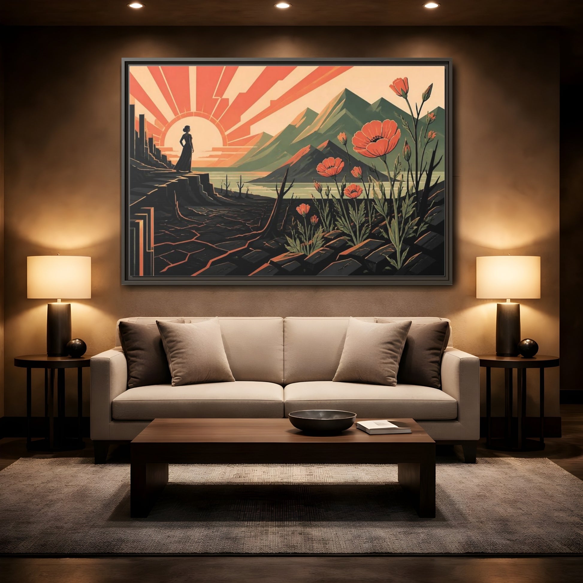 Mockup 2. Woman At Sunrise shown as framed canvas print