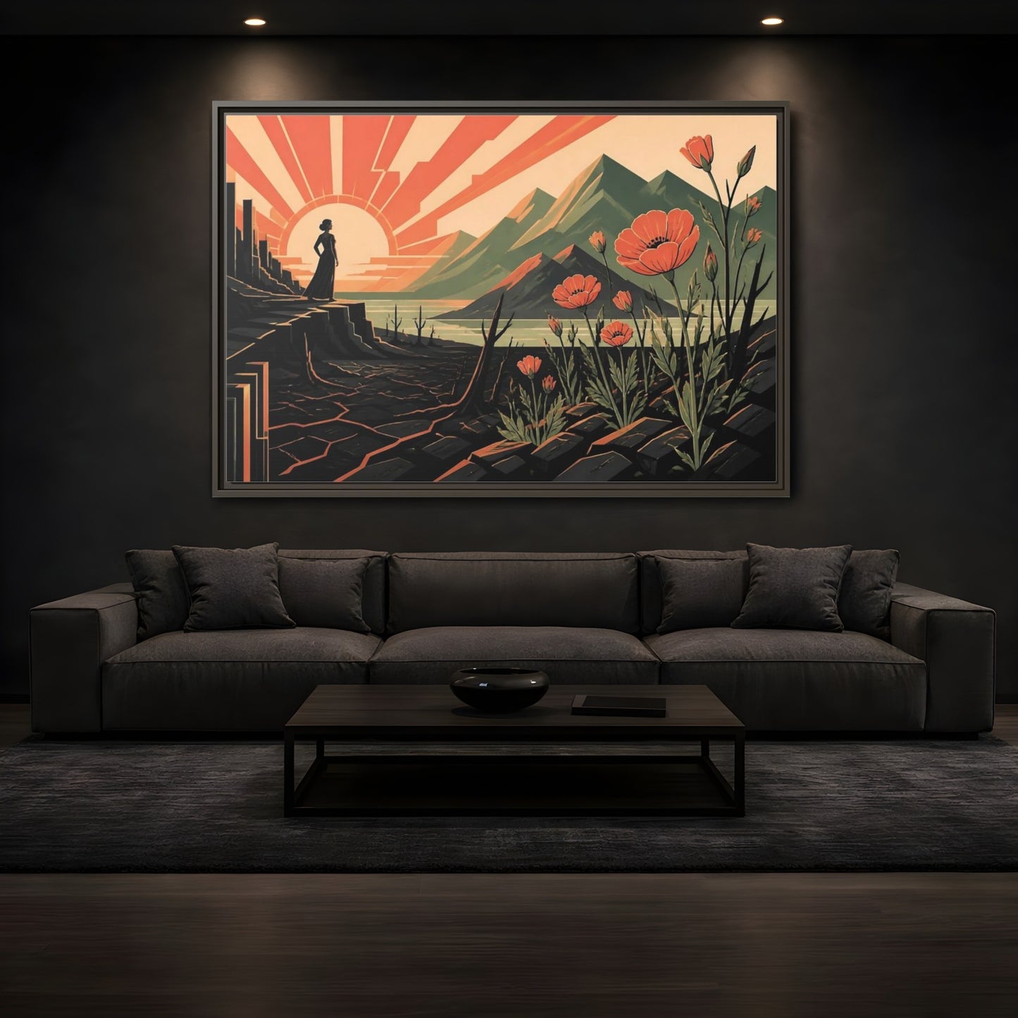Mockup 3. Woman At Sunrise shown as framed canvas print
