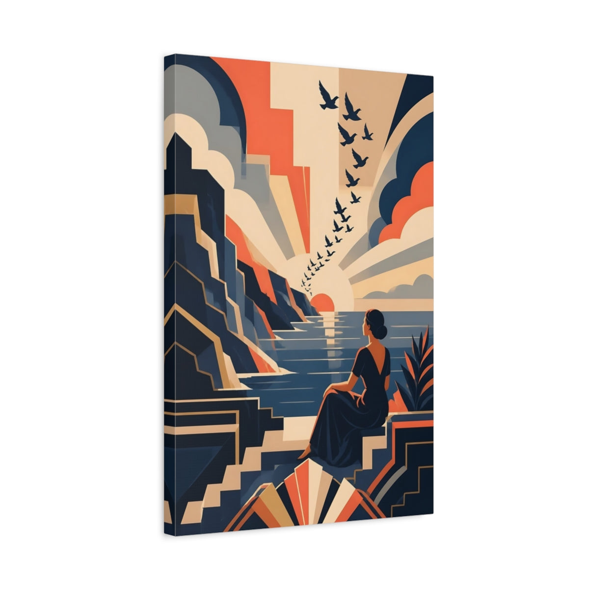 Side Mockup 3. Woman At Sunset shown as canvas print