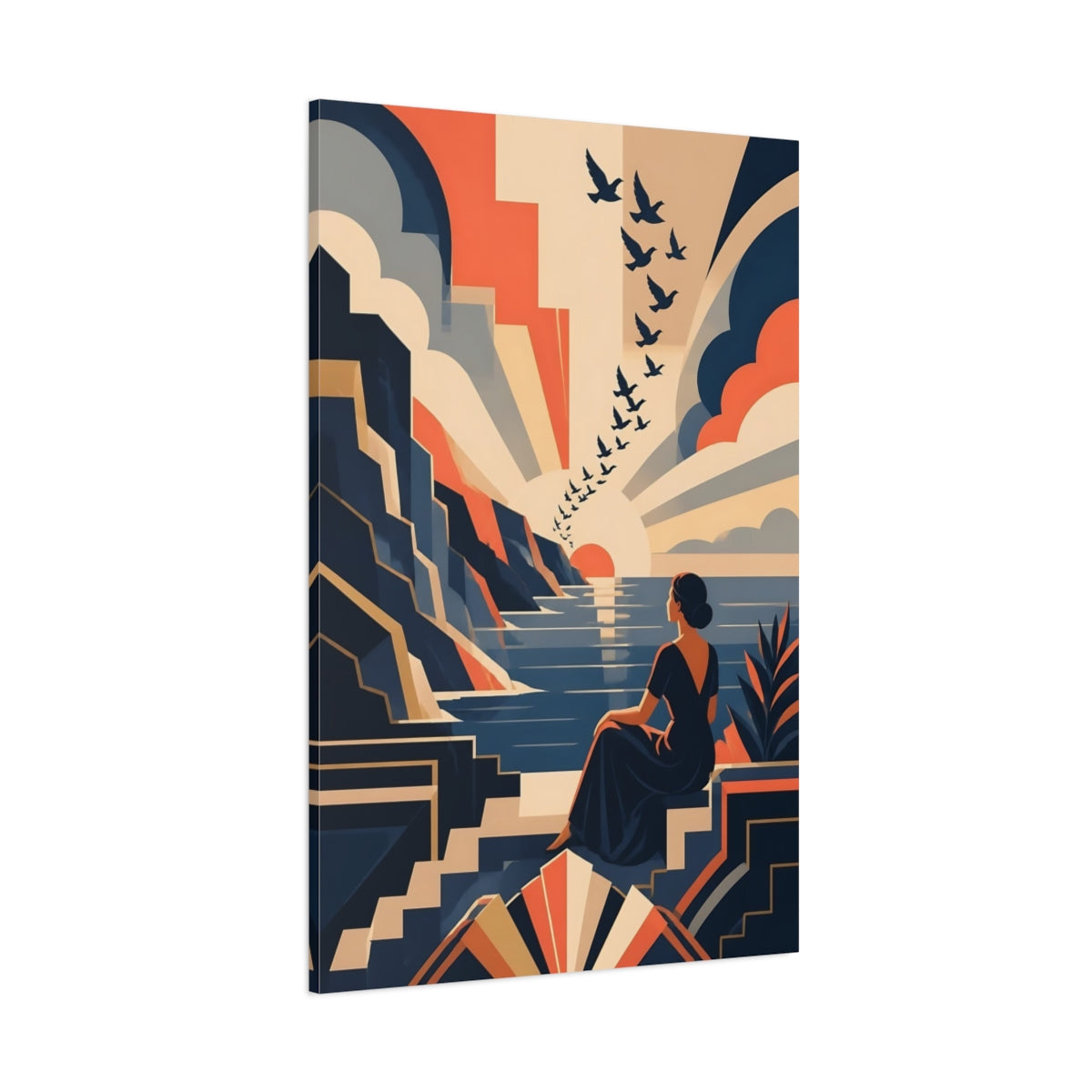 Side Mockup 1. Woman At Sunset shown as canvas print