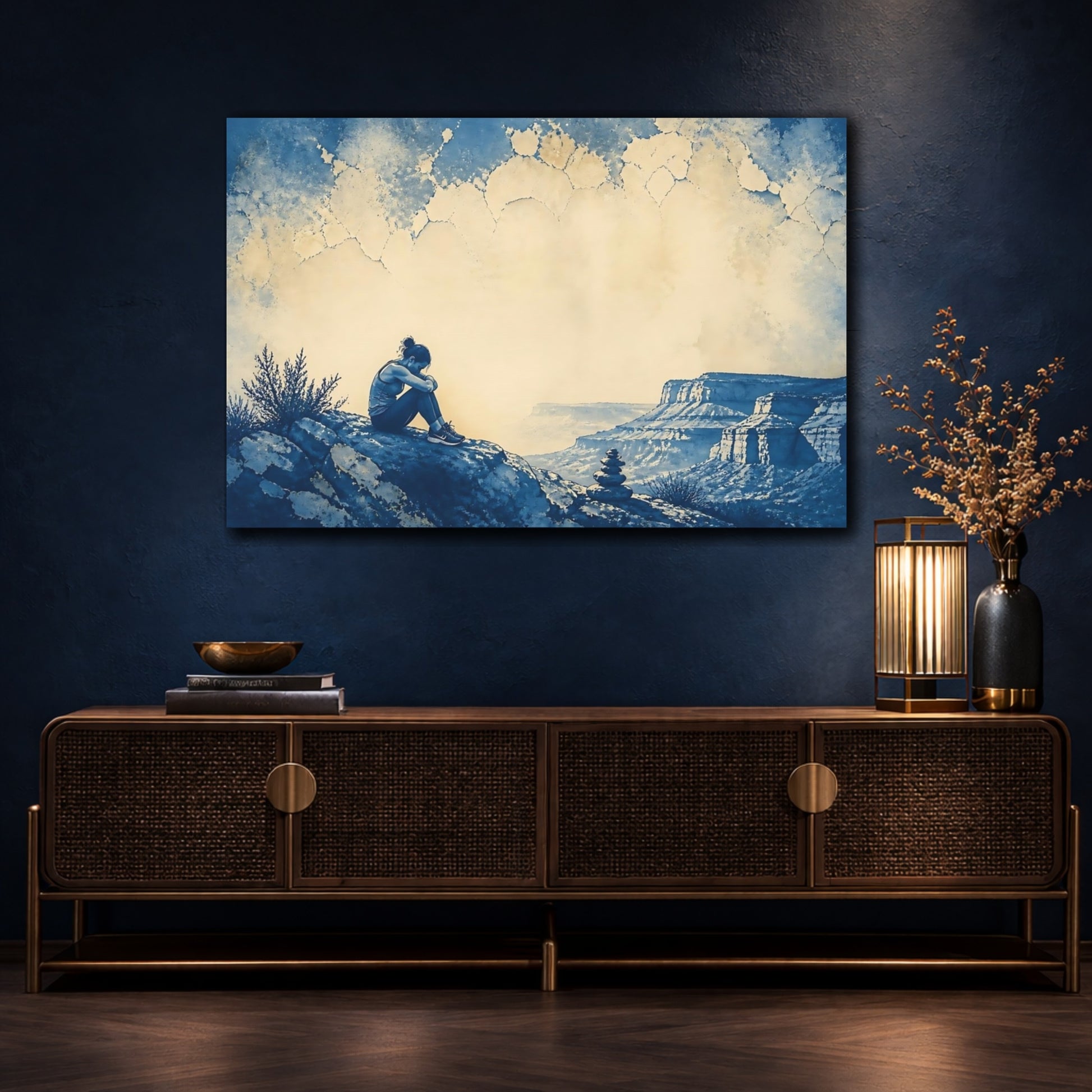 Mockup 4. Woman On Canyon Cliff shown as canvas print