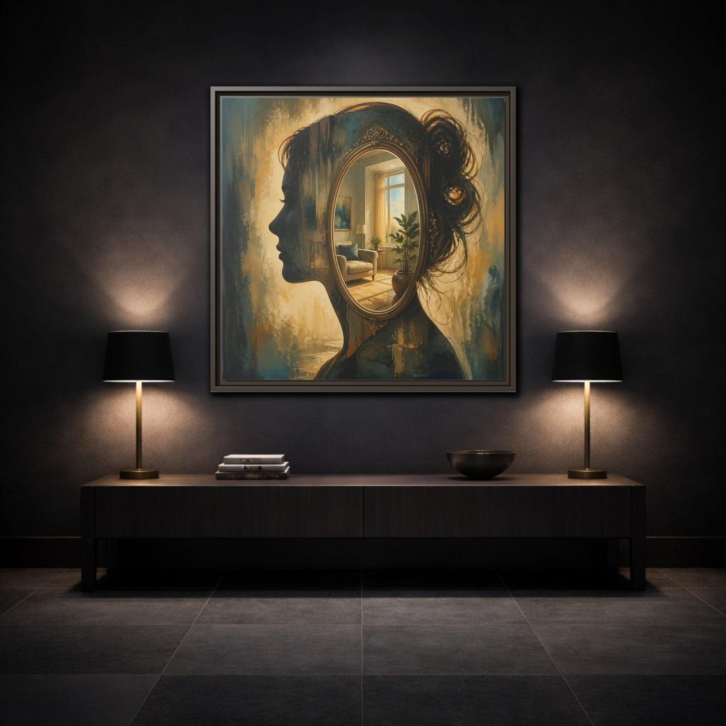 Woman Silhouette Mirror Framed Canvas Print – Living Room, Above Sofa - YesArtYes
