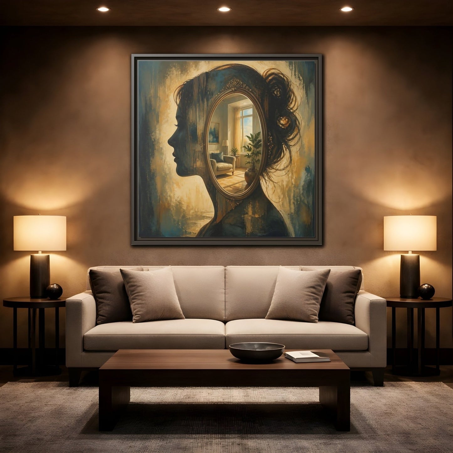 Woman Silhouette Mirror Framed Canvas Print – Living Room, Above Sofa - YesArtYes