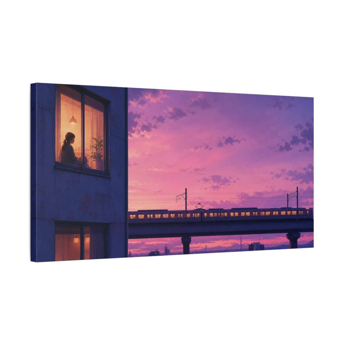 Side Mockup 1. Woman Vintage Sunset Train shown as canvas print