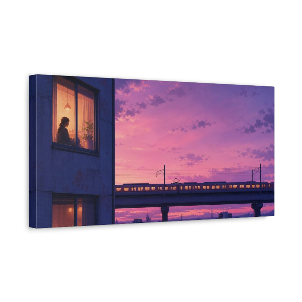 Side Mockup 3. Woman Vintage Sunset Train shown as canvas print