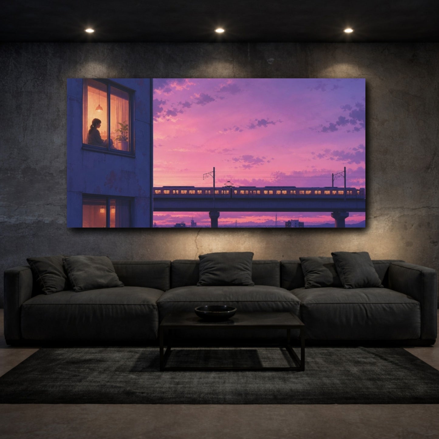 Mockup 3. Woman Vintage Sunset Train shown as canvas print