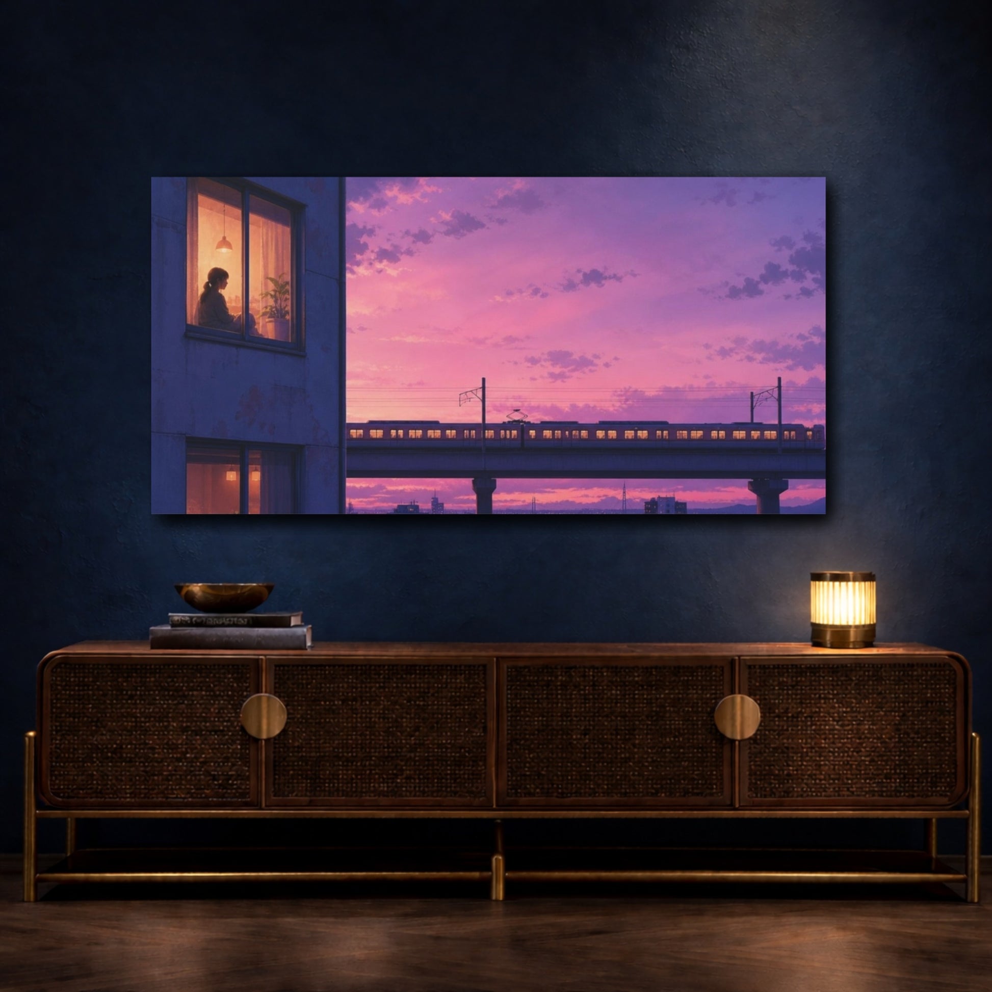Mockup 4. Woman Vintage Sunset Train shown as canvas print