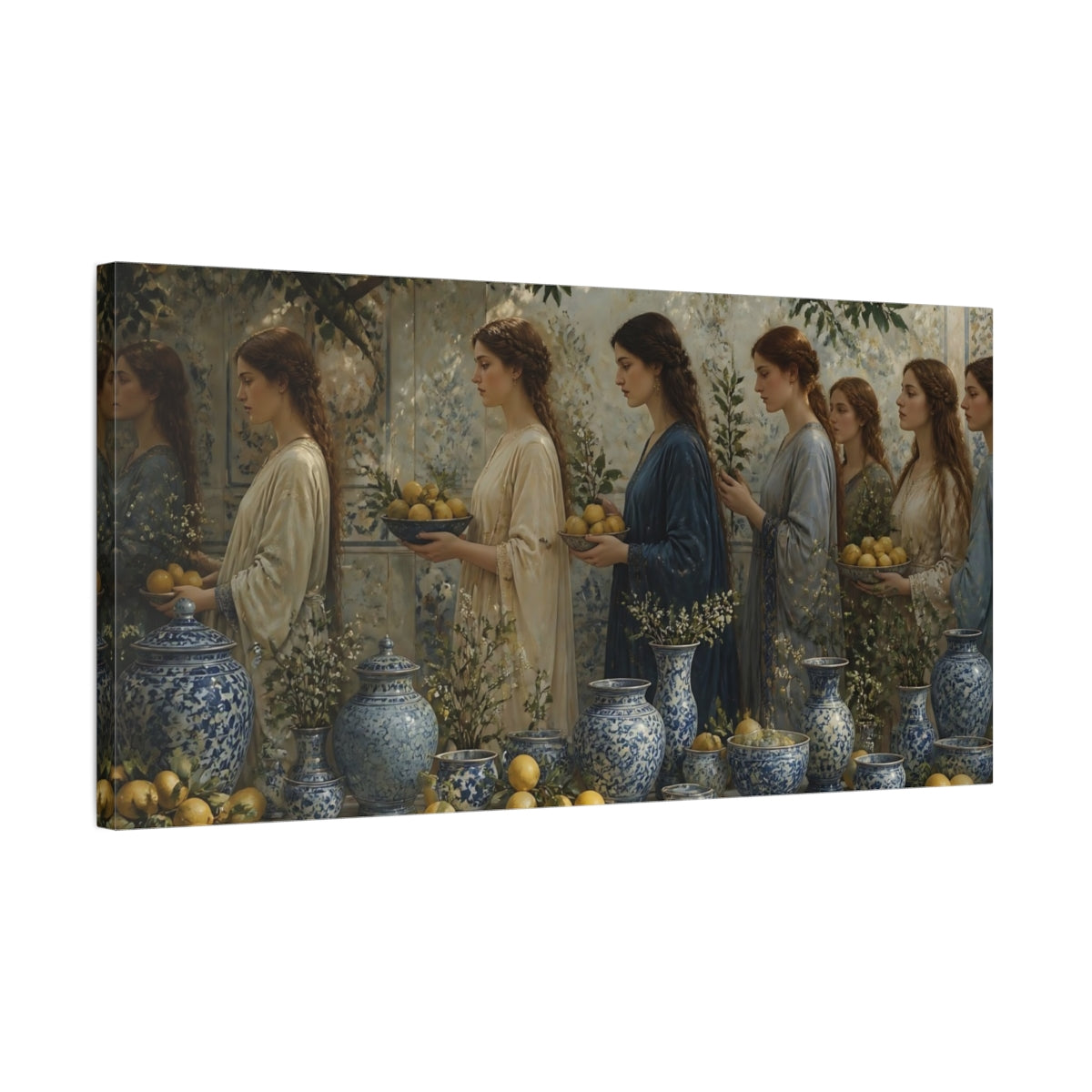 Side Mockup 1. Women With Lemons & Porcelain shown as canvas print
