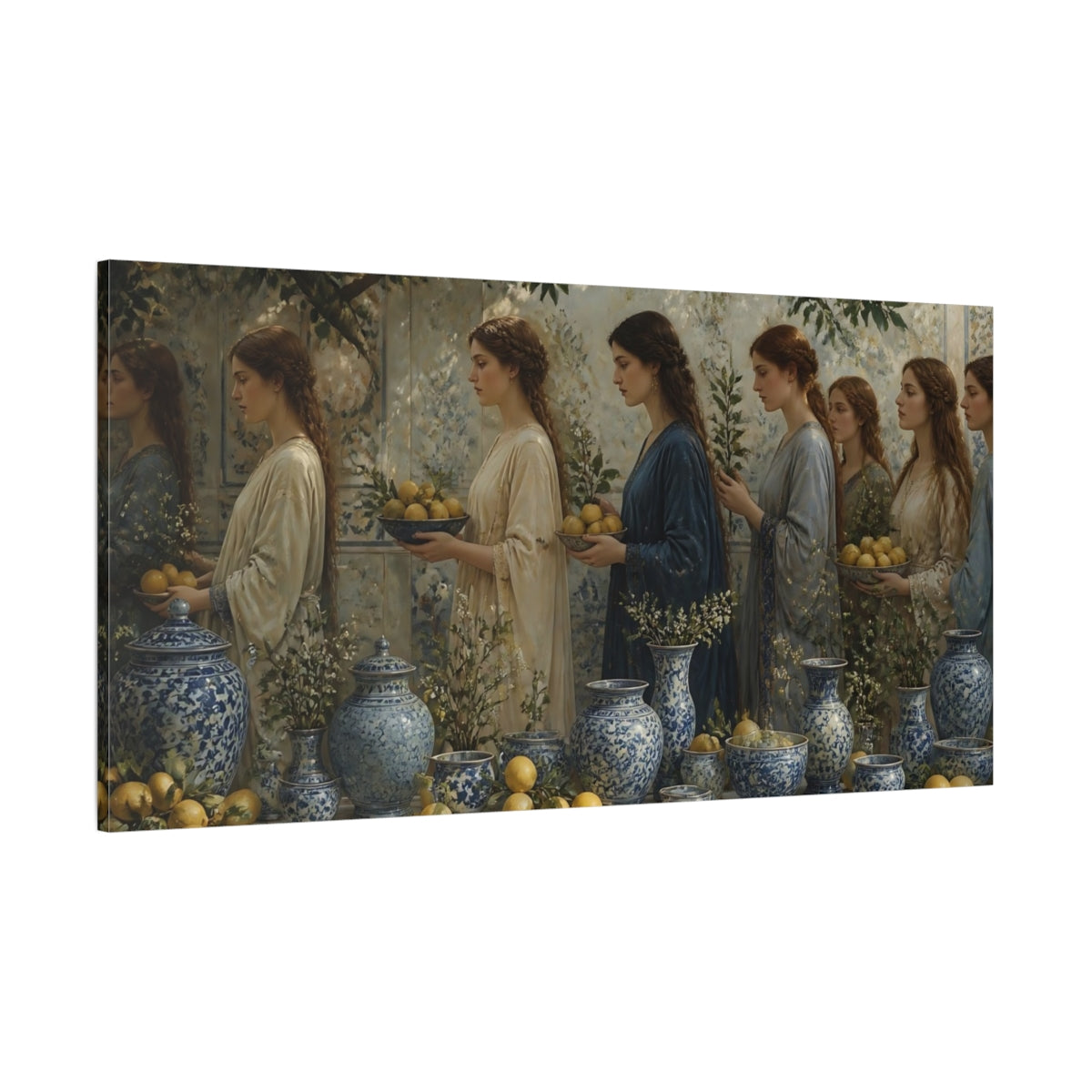 Side Mockup 2. Women With Lemons & Porcelain shown as canvas print