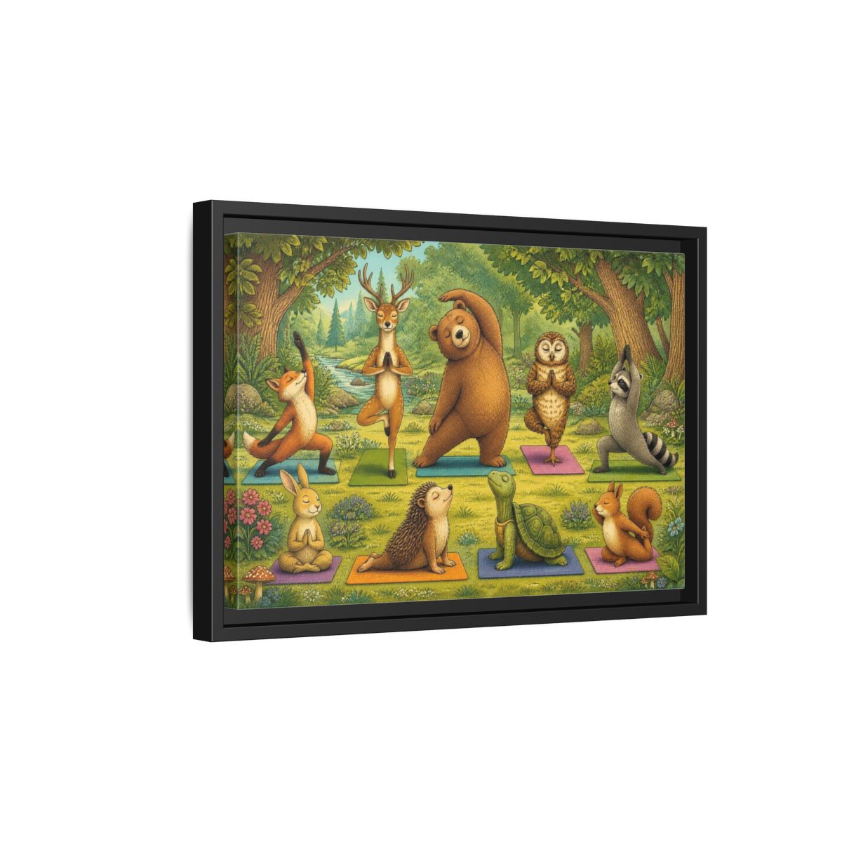 Side Mockup 6. Woodland Animals Yoga shown as framed canvas print