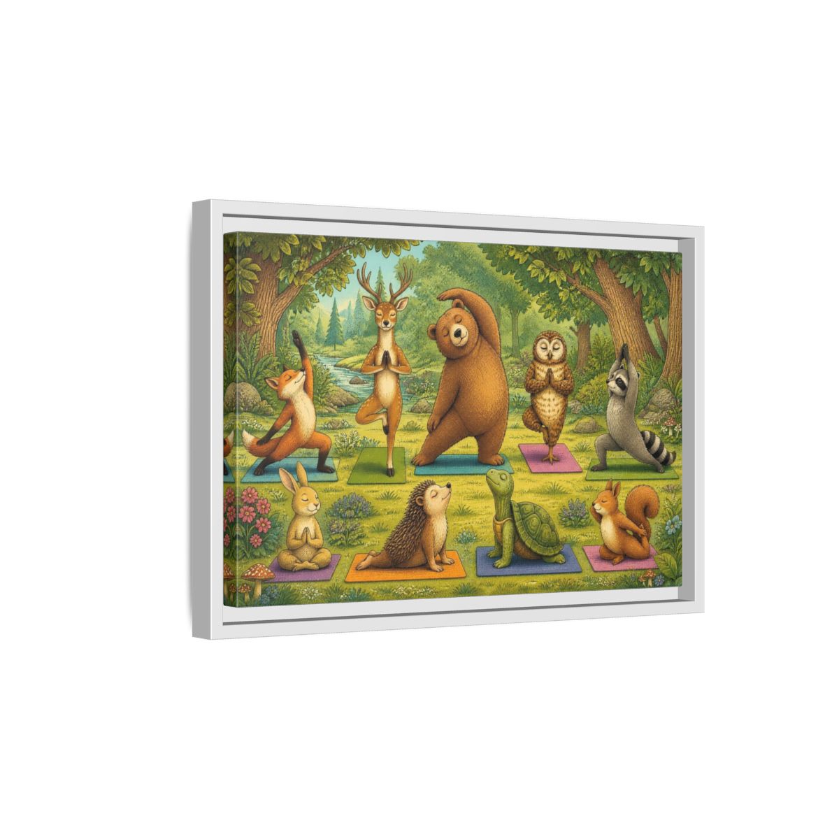 Side Mockup 4. Woodland Animals Yoga shown as framed canvas print