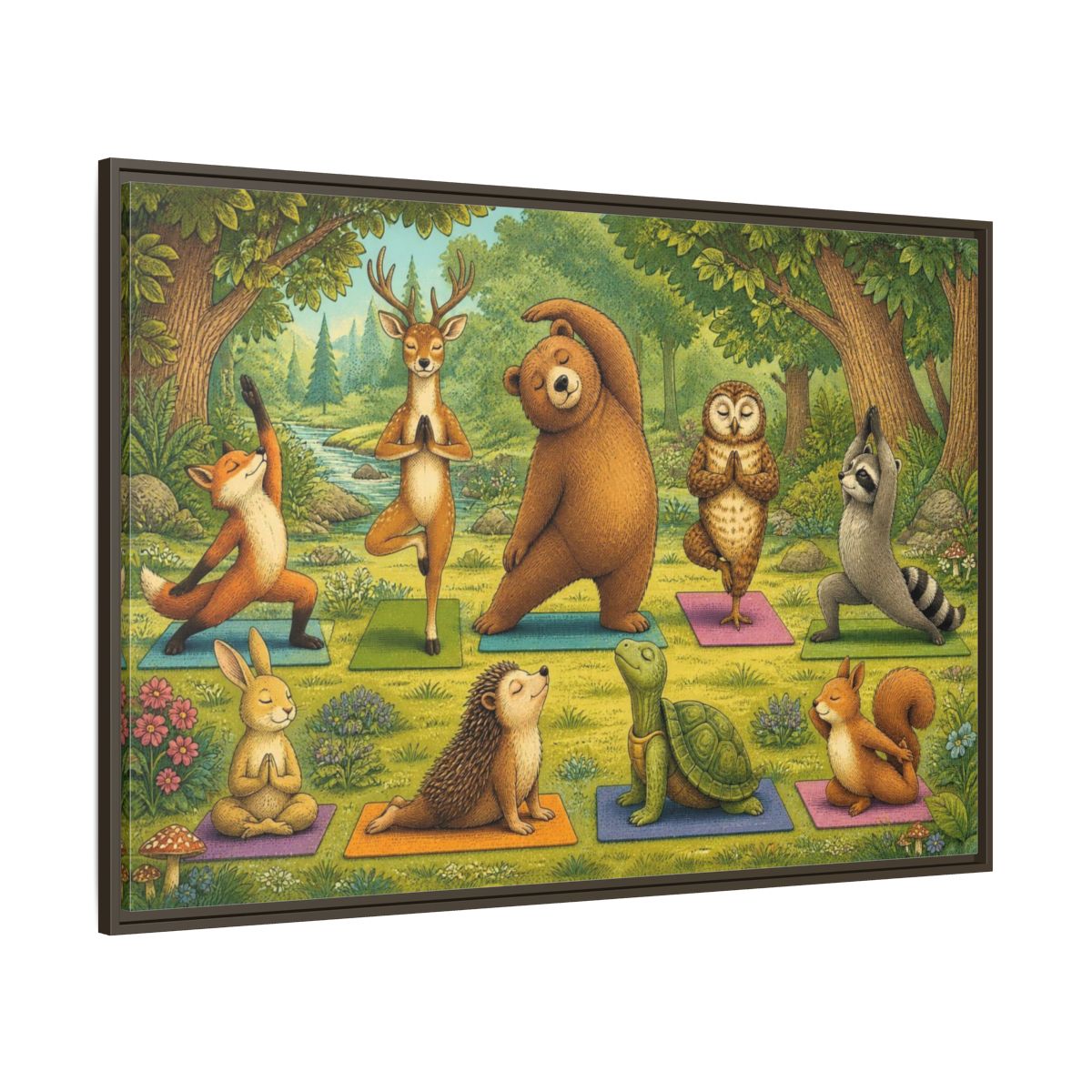 Side Mockup 8. Woodland Animals Yoga shown as framed canvas print