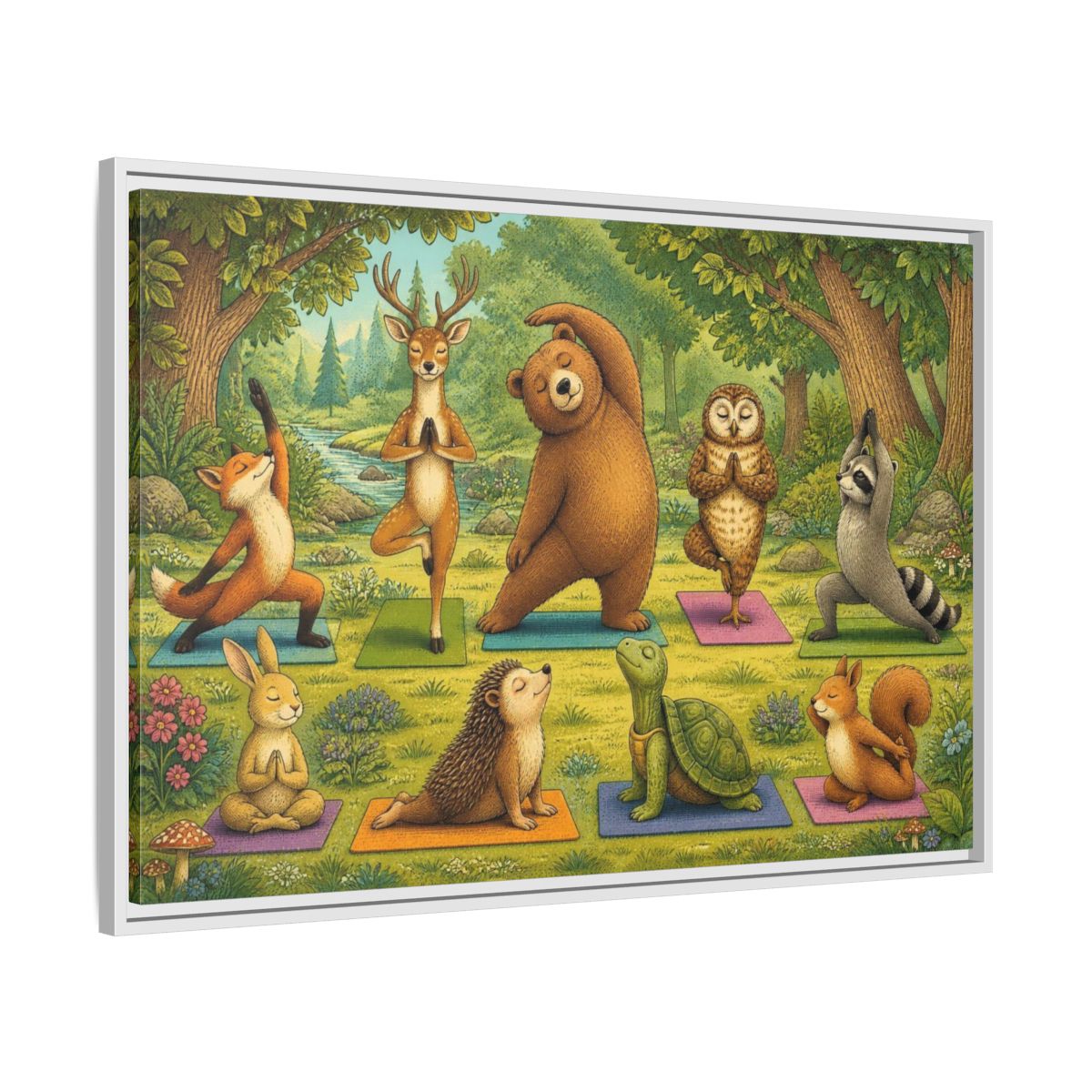 Side Mockup 9. Woodland Animals Yoga shown as framed canvas print