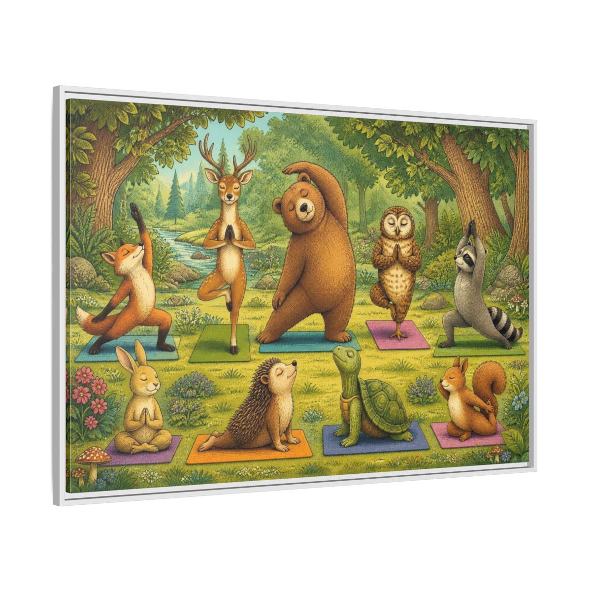 Side Mockup 7. Woodland Animals Yoga shown as framed canvas print