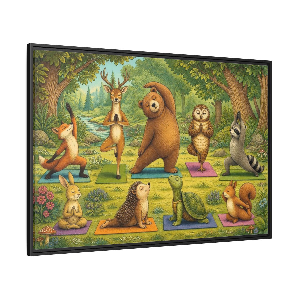 Side Mockup 12. Woodland Animals Yoga shown as framed canvas print