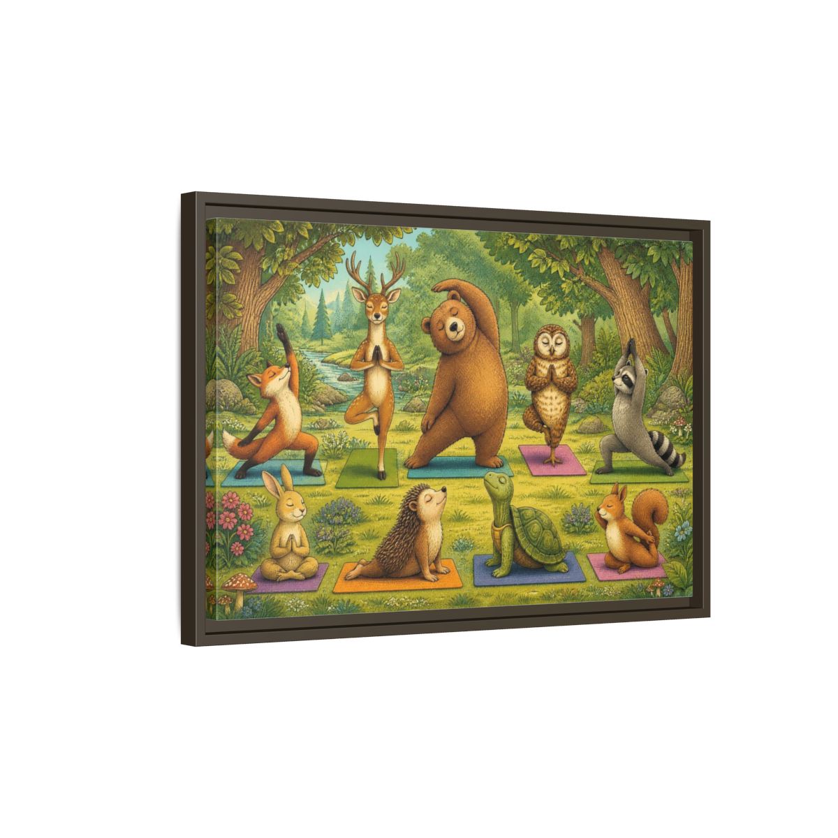 Side Mockup 2. Woodland Animals Yoga shown as framed canvas print