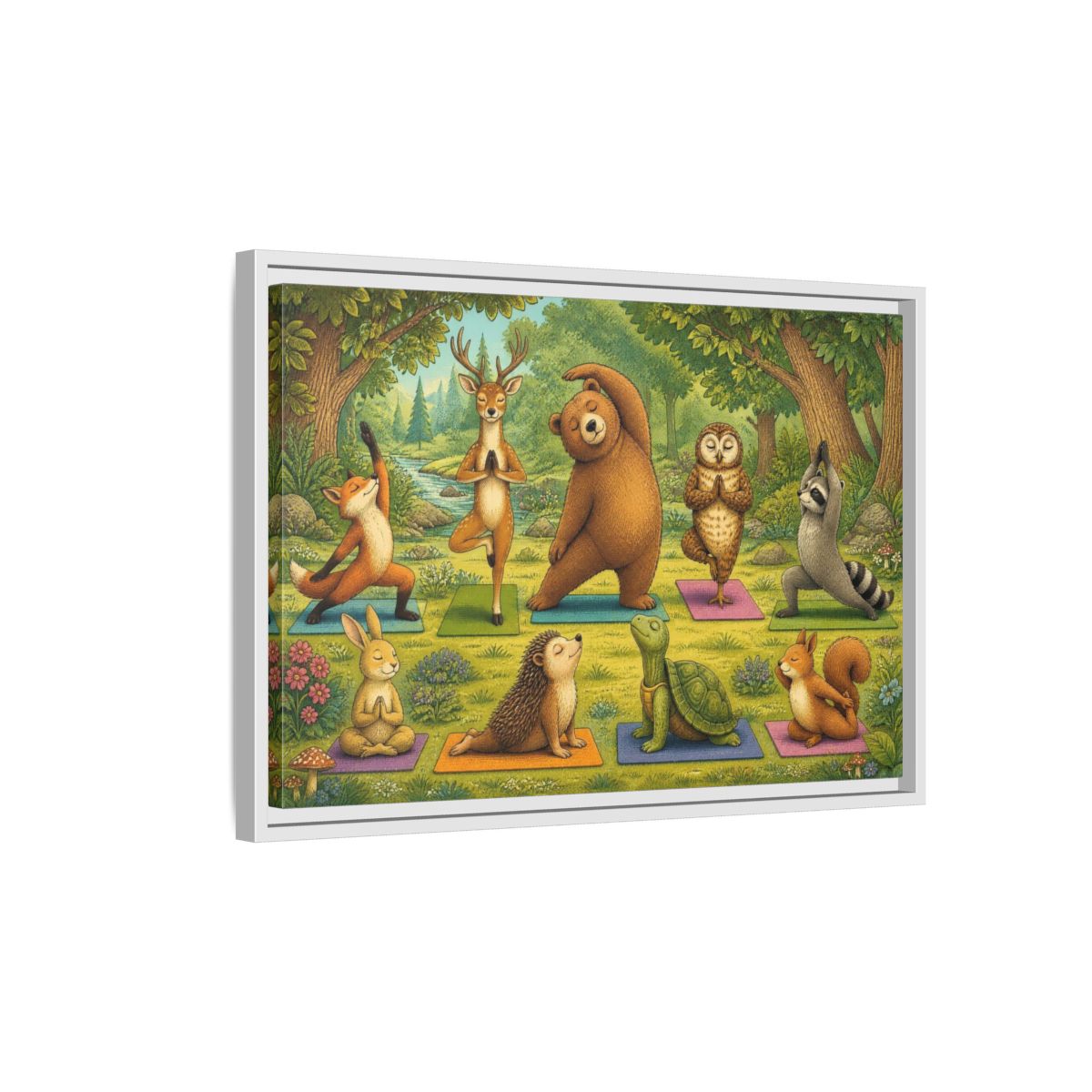 Side Mockup 1. Woodland Animals Yoga shown as framed canvas print