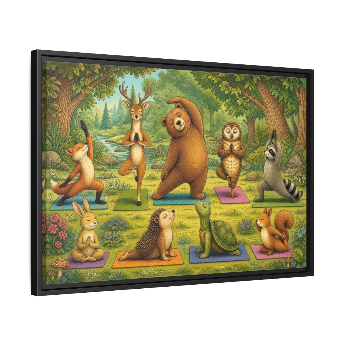 Side Mockup 14. Woodland Animals Yoga shown as framed canvas print