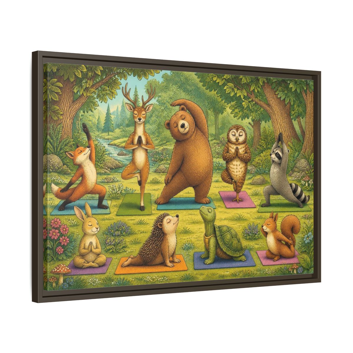 Side Mockup 11. Woodland Animals Yoga shown as framed canvas print