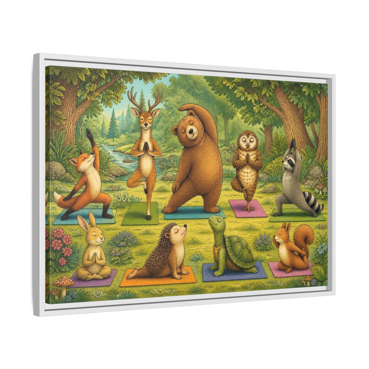 Side Mockup 10. Woodland Animals Yoga shown as framed canvas print