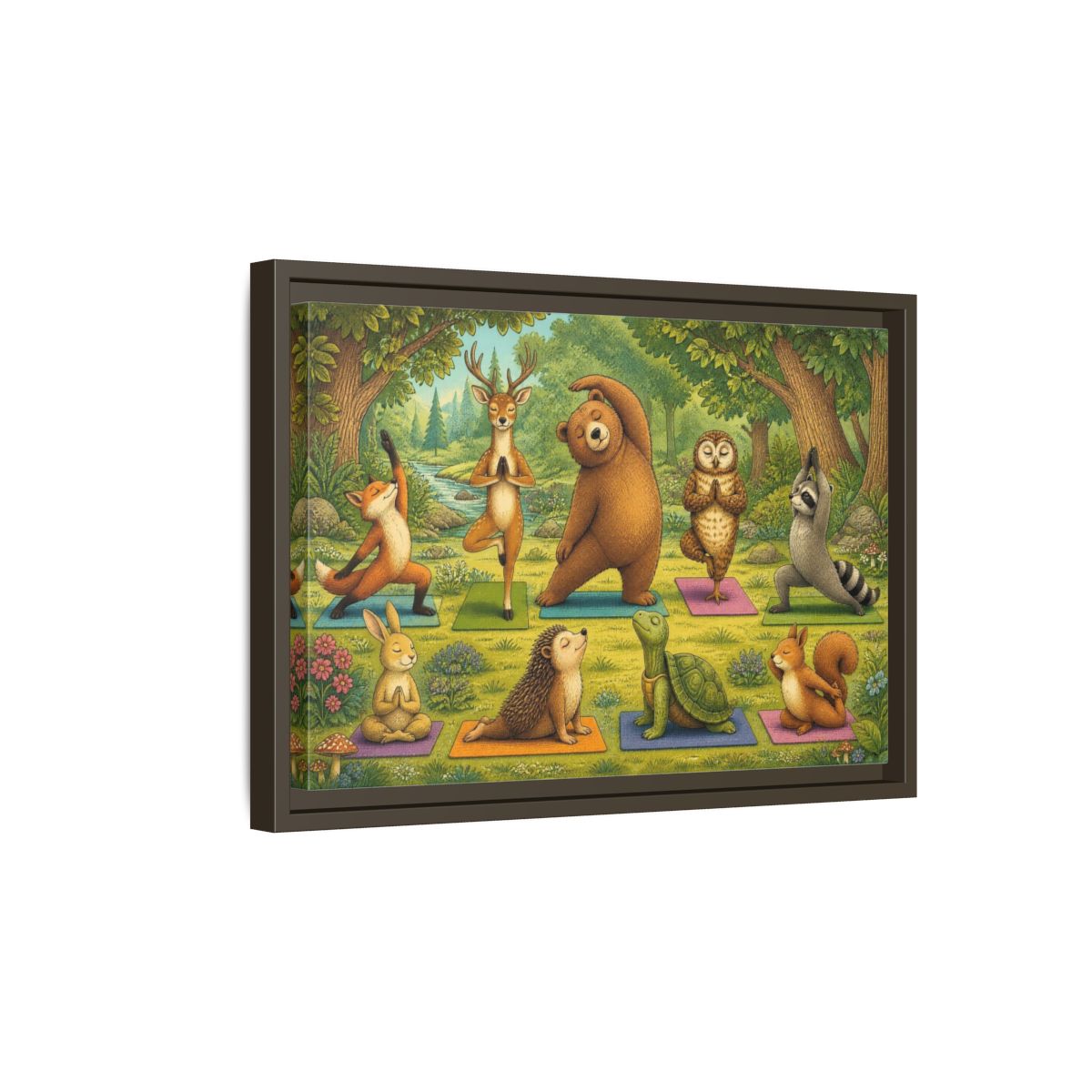 Side Mockup 5. Woodland Animals Yoga shown as framed canvas print