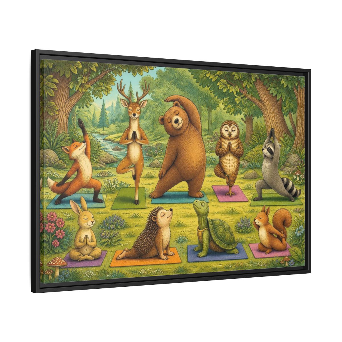 Side Mockup 13. Woodland Animals Yoga shown as framed canvas print