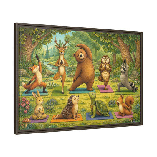 Main Mockup. Woodland Animals Yoga shown as framed canvas print