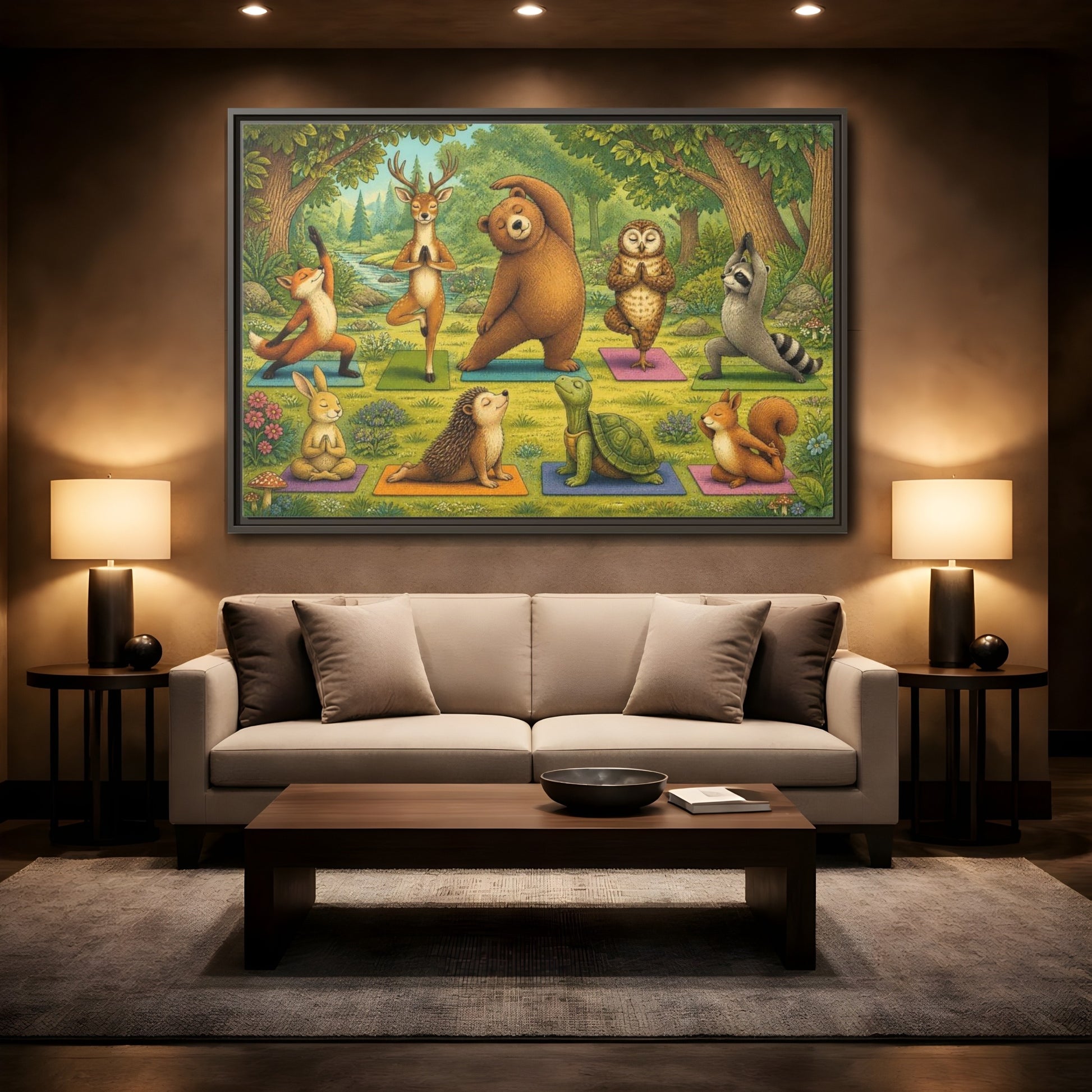 Mockup 2. Woodland Animals Yoga shown as framed canvas print