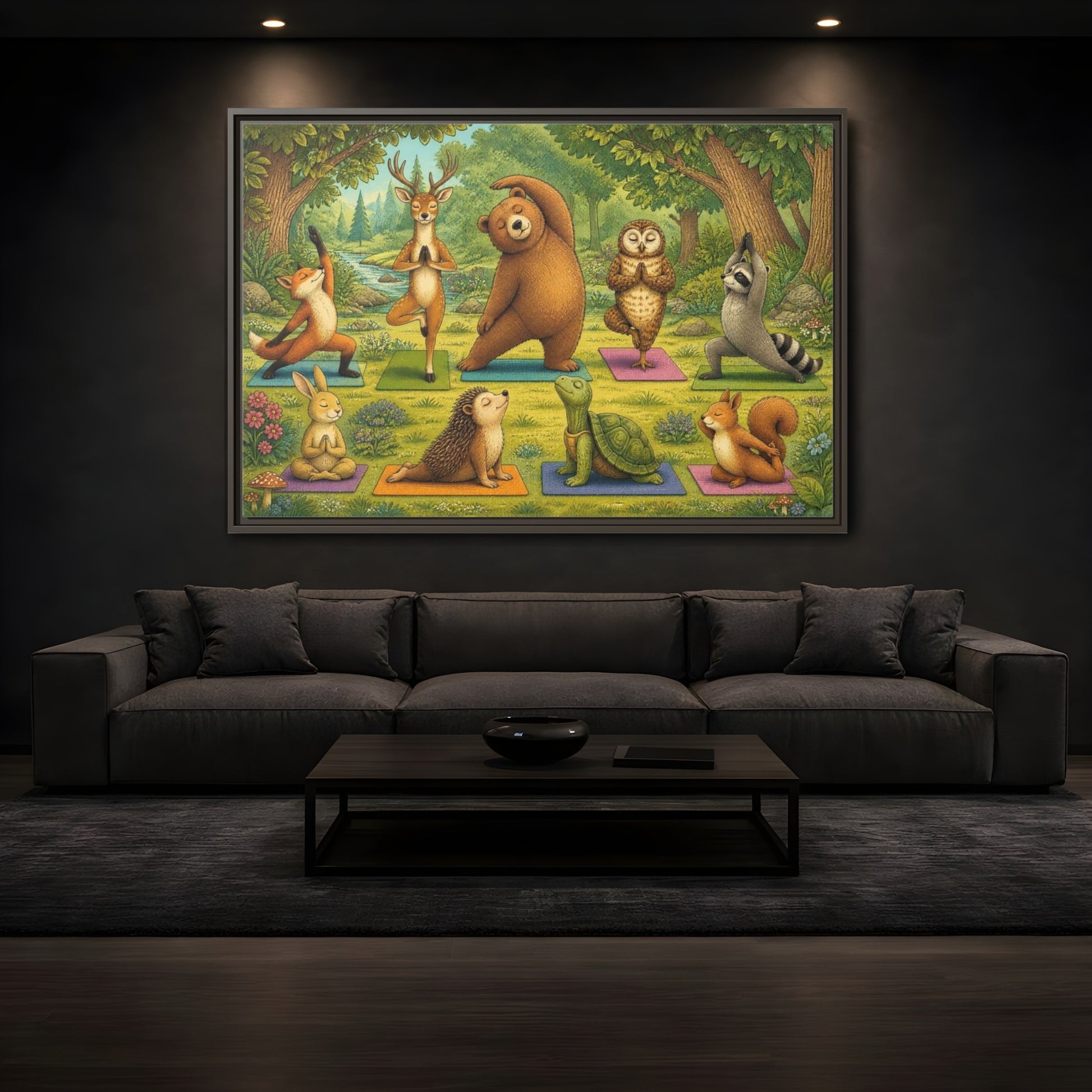 Mockup 3. Woodland Animals Yoga shown as framed canvas print