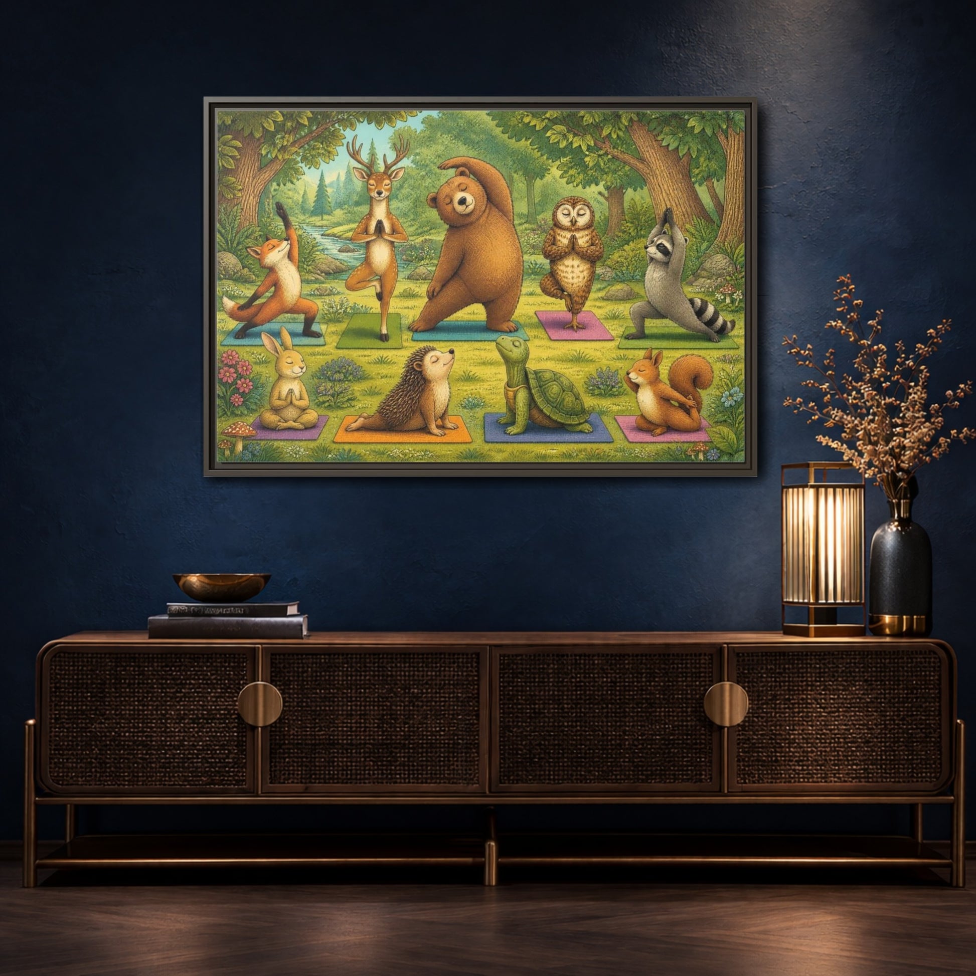Mockup 4. Woodland Animals Yoga shown as framed canvas print