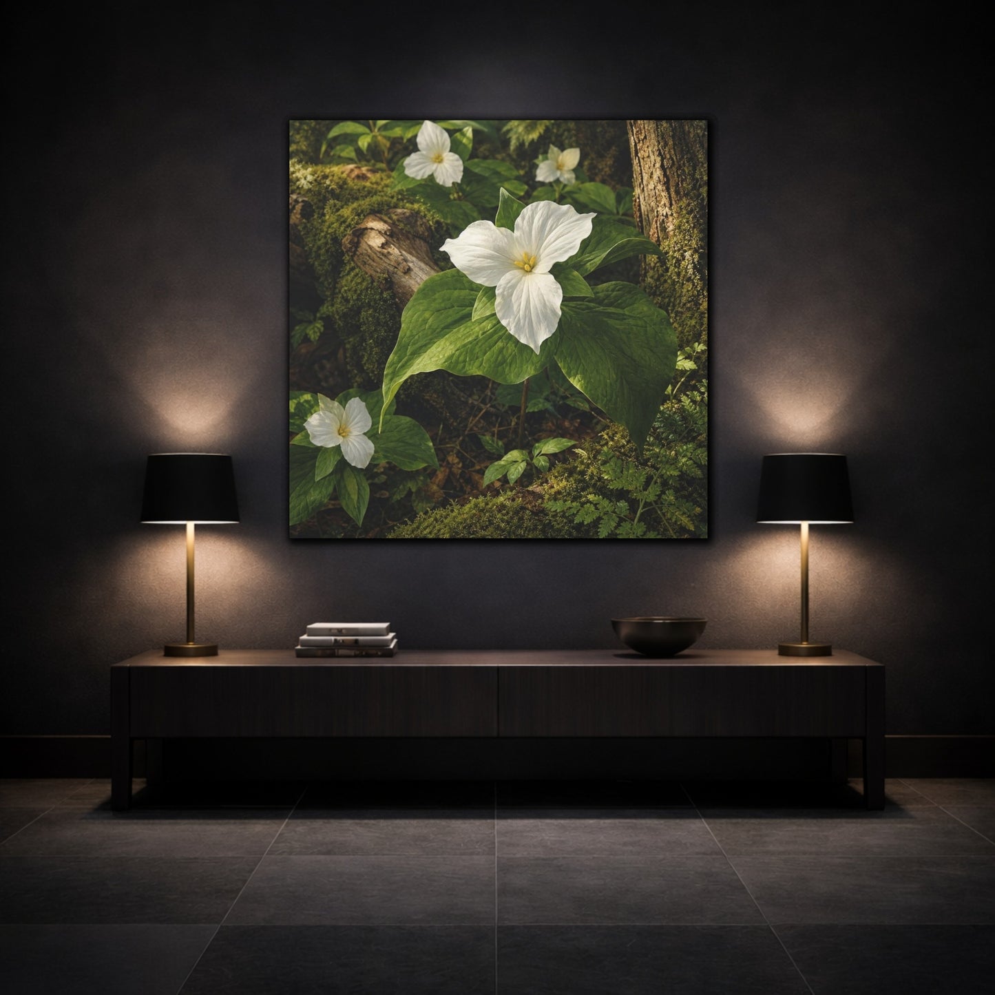 Mockup 3. Woodland Trillium Bloom shown as canvas print